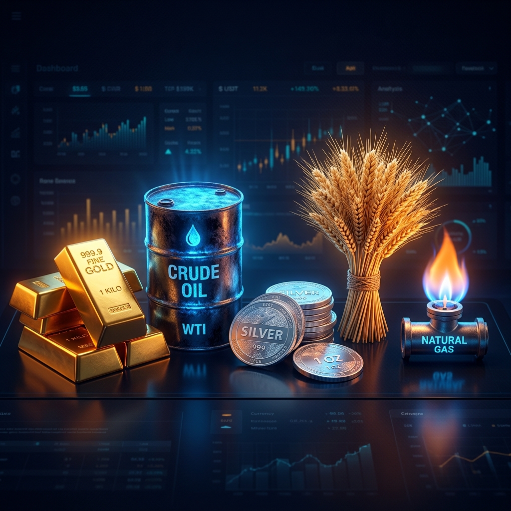 Gold, Crude Oil, Silver, Wheat, Natural Gas commodities
